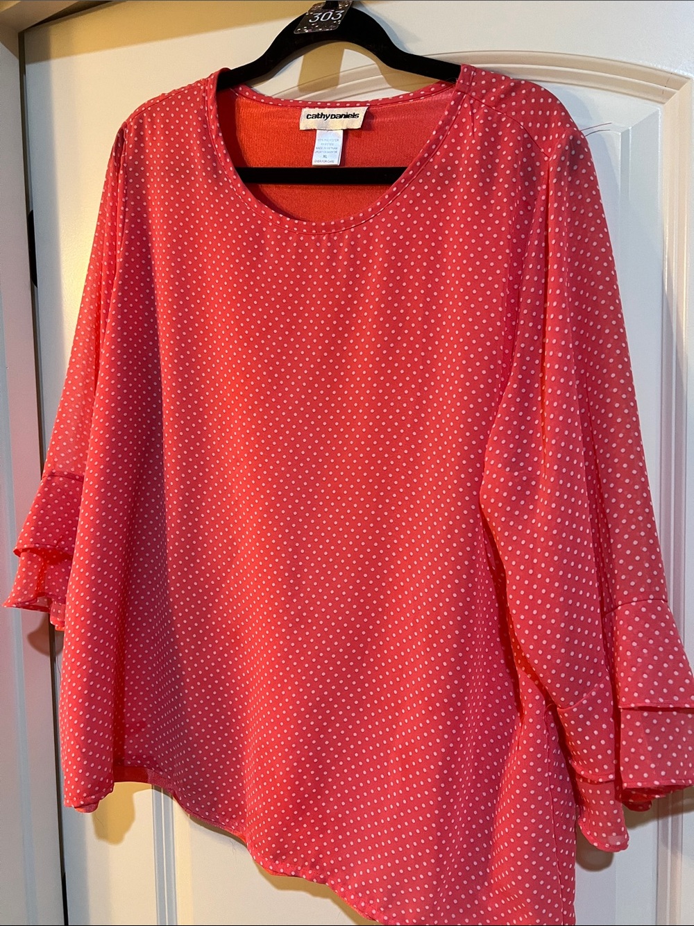 Cathy Daniels Coral Pink Polka Dot Ruffle Sleeve Blouse H303